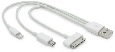 Delight 55429 USB - Apple Lighning + 30pin + microUSB töltőkábel 20cm - Fehér