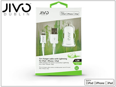 Jivo Apple iPhone 5/5S/5C/SE/iPad 4/iPad Mini Lightning szivargyújtó töltő adapter (5V / 2.1A) 1,2m Fehér