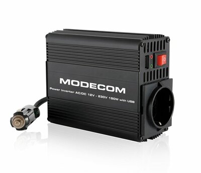 ModeCom MC-C015 Inverter - 150W Autóhoz (230V kimenet (15A); 5V USB kimenet; szivargyújtó-csatlakozó; fekete)
