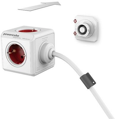 Allocacoc PowerCube Extended Elosztó (5 aljzat 1 rögzítő elem) 3 m kábel - Fehér-piros