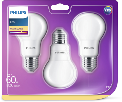 Philips 8W E27 LED izzó - Meleg fehér (3db)
