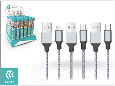 Devia Tube 3 USB adat- és töltőkábel szett 1 m-es vezetékkel - Devia Tube for Android/Lightning/Type-C USB 2.4A - 30 db/csomag