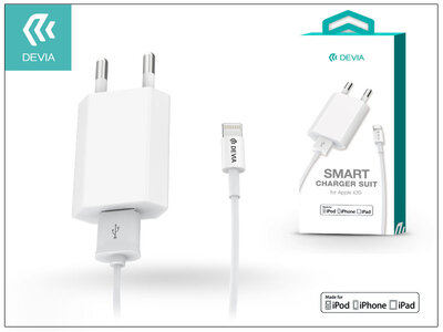 Apple iPhone 5/5S/5C/SE/6S/6S Plus USB hálózati töltő adapter + lightning adatkábel (MFI engedélyes) - 5V/1A - Devia Smart Charger Suit - white