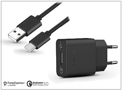 Sony USB gyári hálózati gyorstöltő adapter + Type-C adatkábel - QC 3.0 Quick Ch. - 5V/2,7A - UCH12+UCB20 Type-C 2.0 (ECO csomagolás)