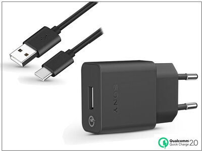 Sony USB gyári hálózati gyorstöltő adapter + Type-C adatkábel (5V / 1.8A) - Fekete (ECO csomagolás)
