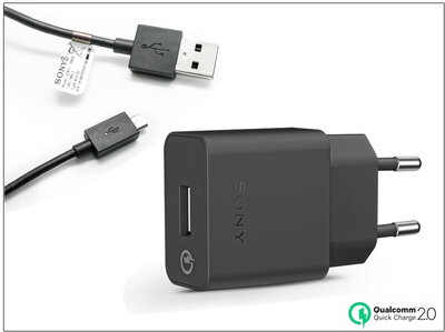 Sony hálózati USB töltő adapter + micro USB adatkábel (5V/1.8A - 9V/1.7A - 12V/1.27A) - Fekete (ECO csomagolás)