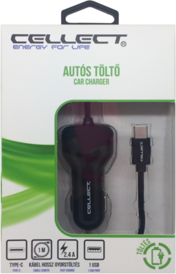 Cellect Autós USB töltő Type-C típusú kábellel és adapterrel (5V / 2.4A) Fekete