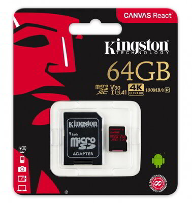 Kingston 64GB Canvas React microSDXC UHS-I CL10 memóriakártya + Adapter