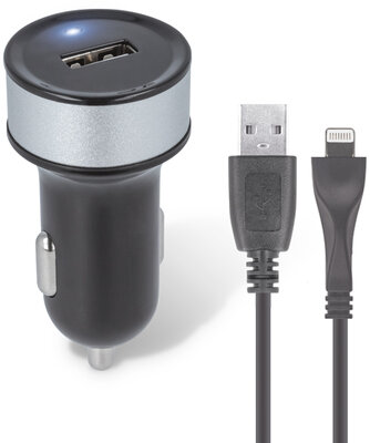 Forever CC-02 Autós USB töltő + kábel Apple iPhone 5/6/7 készülékhez Fekete