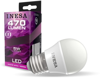 Inesa E27 5W LED Gömb izzó - Semleges fehér
