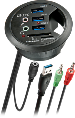 Lindy 43161 USB 3.0 HUB kártyaolvasóval és audióval (3 port) Fekete