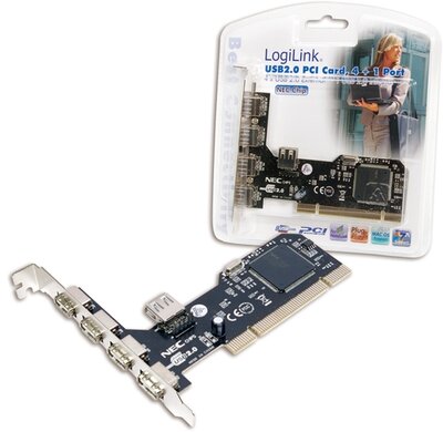 Logilink USB 2.0-ás PCI kártya, 4 + 1 Portos (NEC Chip)4 x USB2.0 külső + 1 USB2.0 belső