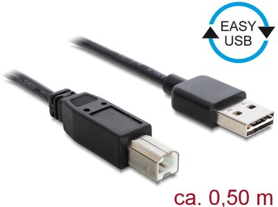 Delock Kábel, EASY-USB 2.0-s A-típusú csatlakozódugó > USB 2.0-s B-típusú csatlakozódugó, 0,5 m, fek