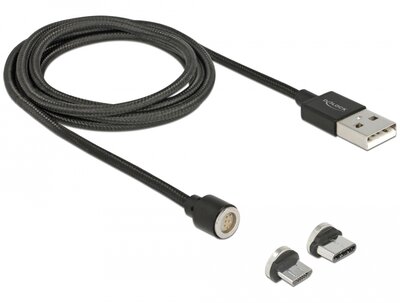 Delock Mágneses USB adat- és töltokábel készlet Micro USB vagy USB Type-C-hez, fekete 1,1 m