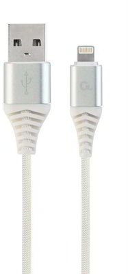 Gembird Premium cotton braided 8-pin charging and data cable, 2m, silver/white