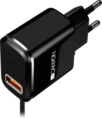 CANYON CNE-CHA041BS Universal 1xUSB AC charger (in wall) with over-voltage protection, plus Micro USB connector, Input 100V-240V, Output 5V-2.1A, with Smart IC, black (silver stripe), cable length 1m