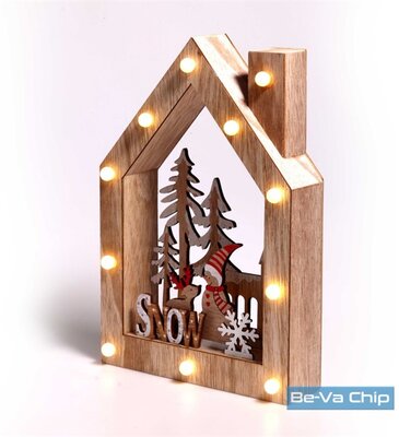 Karácsonyi ház alakú Télapó-rénszarvas mintás/20x30x5,5cm/meleg fehér LED-es fa fénydekoráció