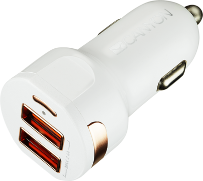 CANYON Universal 2xUSB car adapter, Input 12V-24V, Output 5V-2.4A, with Smart IC, white glossy with rose-gold electroplated ring