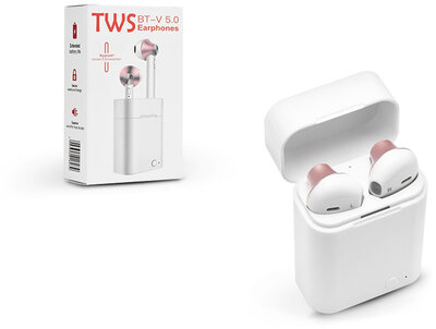 TWS sztereó Bluetooth headset v5.0 + töltő dokkoló - TWS EP003 Earphone - white/pink