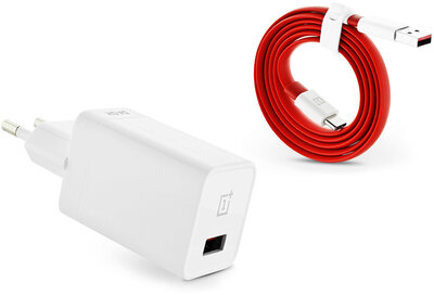 OnePlus gyári USB hálózati gyorstöltő adapter + Type-C adatkábel - 5V/4A - Dash Charge DC050430B white + D201 Flat red (ECO csomagolás)
