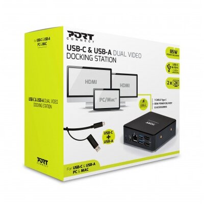 Port Connect - Dokkoló állomás, USB-C, USB-A, Dual VIDEO 2x2K, 100W power adapter, Gigabit lan, USB 3.1, Audio ki/be