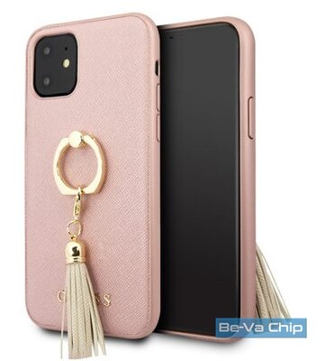 GUESS Saffiano iPhone 11 gyűrűs kitámasztóval rózsaszín kemény tok