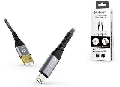 Apple iPhone 5S/SE/iPad Mini USB töltő- és adatkábel 2 m-es vezetékkel (Apple MFI eng.) - 2.4A - MyScreen Protector Kevlar Lightning - black/grey