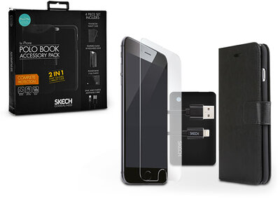 Apple iPhone 7 Plus/iPhone 8 Plus tartozék csomag - Skech flipes bőrtok + képernyővédő üveg + Power Bank + lightning adat- és töltőkábel - fekete