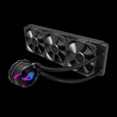 ASUS ROG STRIX LC 360 AIO cooler features ASUS ROG iconic design with addressable RGB lighting Aura sync NCVM coated pump