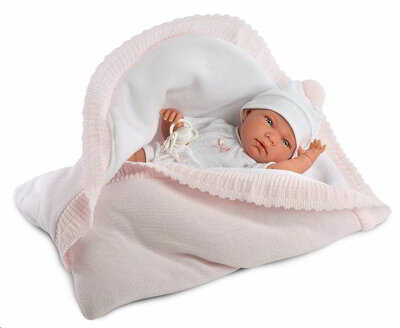 Llorens Nica újszülött baba kifordítható takaróval rózsaszín ruhában 40cm (73852L)