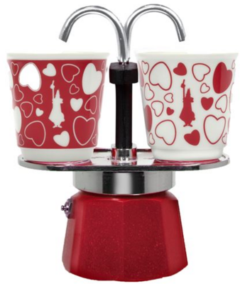 Bialetti mini Express 2 személyes kávéfőző ajándék szett piros szivecskés (kávéfőző + 2 pohár) (6380)