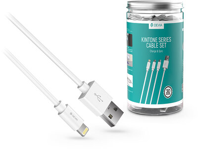 USB - Lightning adat- és töltőkábel 1 m-es vezetékkel - Devia Kintone Series Cable Set - 5V/2A - 30 db/csomag - white