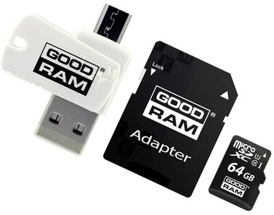 GOODRAM Memóriakártya microSDXC 64GB CL10 UHS-I + adapter + OTG kártyaolvasó