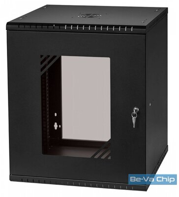 Stalflex RC19-12U-450GB 19" 12U 450 mm mély lapra szerelt fekete üveg ajtós fali rack szekrény
