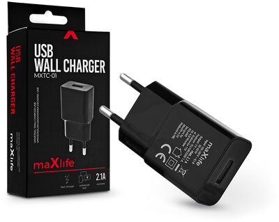 Maxlife USB hálózati töltő adapter - Maxlife MXTC-01 USB Wall Fast Charger - 5V/2,1A - fekete