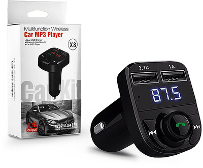 Bluetooth FM-transmitter/szivargyújtó töltő - 2xUSB + MP3 + TF/microSD kártyaolvasó - X8 Multifunktion Wireless Car MP3 Player - fekete 