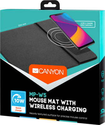 Canyon CNS-CMPW5 Mouse Mat with wireless charger, Input 5V/2A,9V2A Output 5W/7.5W/10W, 324*244*6mm, Micro USB cable length 1m, Black, 220g