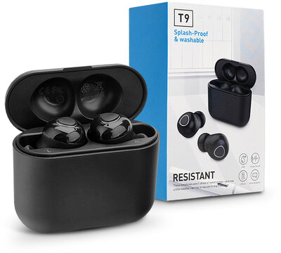 TWS Bluetooth sztereó headset v5.0 + töltőtok - TWS T9 Resistant True Wireless Earphone - fekete