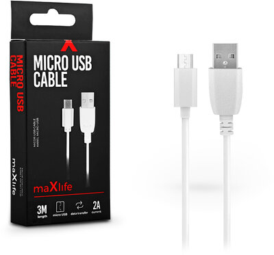 Maxlife USB - micro USB adat- és töltőkábel 3 m-es vezetékkel - Maxlife Micro USB Cable - 5V/2A - fehér