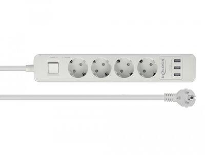 Delock Fehér színu négy foglalatú hosszabbítós konnektor USB töltovel és kisülés védelemmel