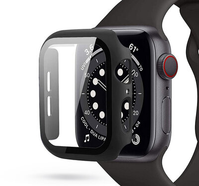 Apple Watch 4/5/6/SE (44 mm) védőtok beépített edzett üveggel - fekete (ECO csomagolás)
