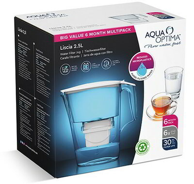 Aqua Optima, Liscia vízszűrős kancsó (átlátszó-fehér), 1db evolve+ 30 napos használhatóságú vízszűrő betéttel. 2.5l teljes kapacitás, melyből 1.2l szűrt. 100mm széles "slim" kivitel, a legtöbb hűtőszekrény ajtajában elfér