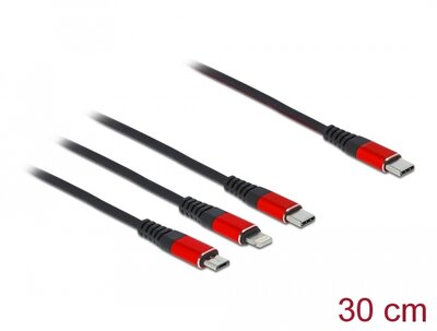 Delock 30 cm hosszú, USB töltő kábel 3 az 1 USB Type-C apa Lightning-, Micro USB- és USB Type-C c