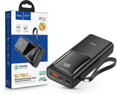 Univerzális hordozható, asztali akkumulátor töltő - HOCO J41 Pro Power Bank - USB+Type-C + Lightning + PD3.0+QC3.0 - 10.000 mAh - fekete
