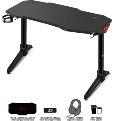 Spirit of Gamer Gamer Asztal - Headquarter 400 (MDF lap, fém lábak, fekete, RGB LED háttérvilágítás, 140 x 60 x 1,8 cm)