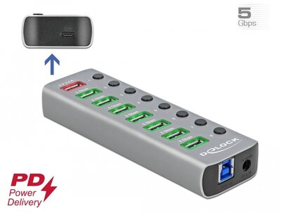 Delock USB 3.2 Gen 1 hub 7 porttal valamint 1 gyorstöltő porttal és 1 USB-C PD 3.0 porttal kapcsoló