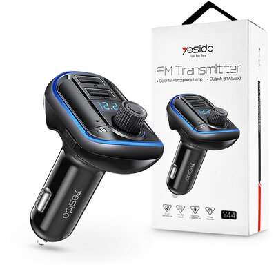 YESIDO Bluetooth FM-transmitter/szivargyújtó töltő - 2xUSB + MP3 + Flash/TF/microSD kártyaolvasó - YESIDO Y44 - fekete