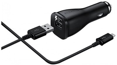 SAMSUNG autós töltő USB aljzat (5V/2000mA, gyorstöltés támogatás + ECB-DU4EBE microUSB kábel) FEKETE