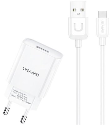 USAMS T21 hálózati töltő USB aljzat (5V / 2100 mA, gyorstöltés támogatás + Type-C kábel) FEHÉR