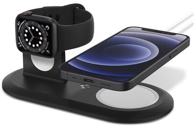 SPIGEN MAGFIT DUO asztali töltőállvány 2in1 (Apple MagSafe + Apple Watch töltő kialakítás, kábelt nem tartalmaz) FEKETE